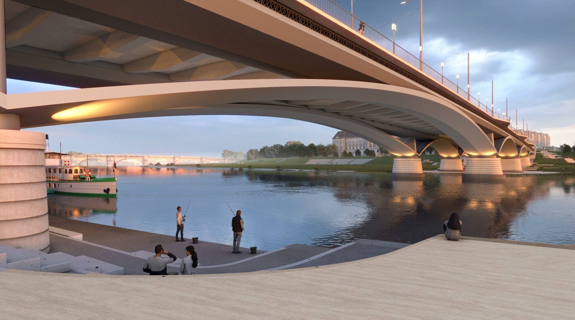 Uferpromenade unter den Bögen der Brücke (Altstadt) — Angler und Spaziergänger am Wasser